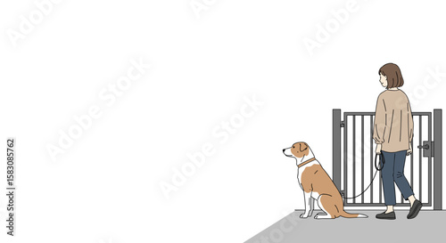 Woman with dog on leash standing by gate in simple color illustration