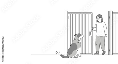Woman opening kennel gate for dog in minimal line art illustration