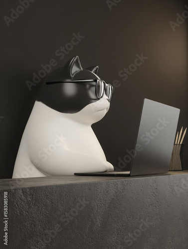Cute and whimsical black and white cat figurine wearing glasses sits at desk, focused on laptop. minimalist design and modern decor create playful yet stylish atmosphere