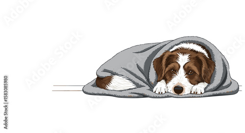 Cute dog lying under blanket in cozy illustration on white background