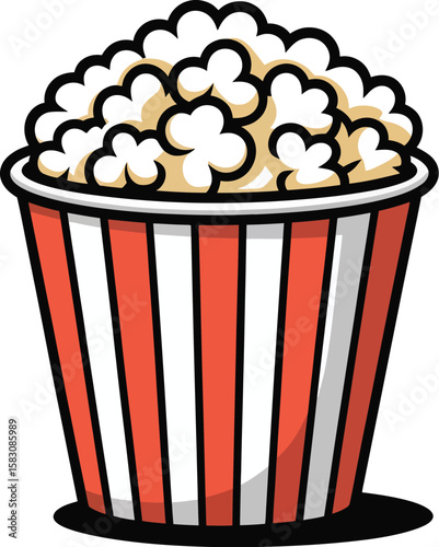 Classic red and white striped popcorn bucket overflowing with popcorn isolated on transparent background