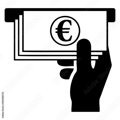 Icono cajero automático con mano cogiendo billetes de euro