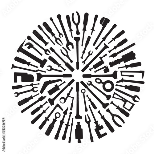 Black silhouetted tools arranged in a circular formation against a white background
