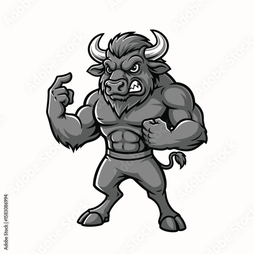 Cartoon illustration of a muscular, angry bull with horns, standing aggressively with clenched fists and a menacing expression.
