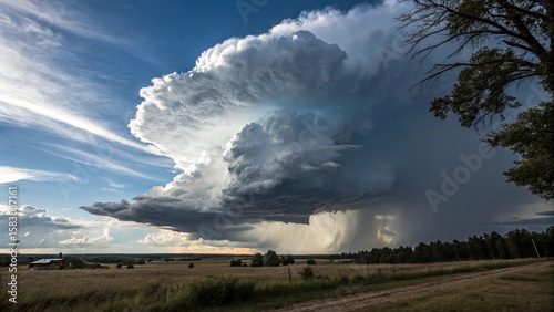 Dramatic thunderhead cloud formation over rural landscape with rain and blue sky in the distance