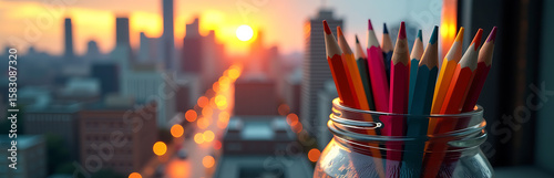 warm golden light illuminates colored pencils nestled within distressed glass jar set vibrant city skyline