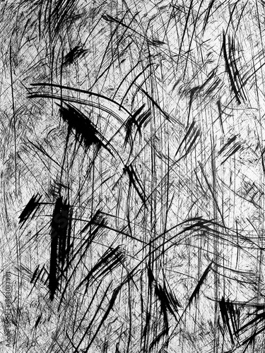 Abstract black lines and patterns create a dynamic texture on a light background in this artistic representation of energy and movement