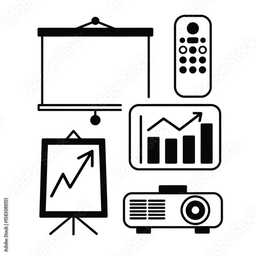 Black and white vector illustration of a meeting items bundle including projector, presentation remote, flip chart, and whiteboard