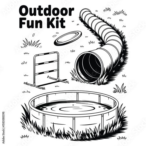 Black and white vector illustration of an outdoor fun kit with frisbee tunnel agility hurdle and splash pool