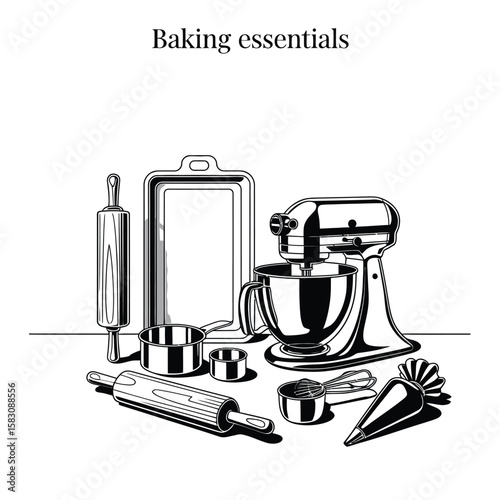 Black and white vector illustration of baking essentials including mixer, rolling pin, measuring cups, tray, and piping bag