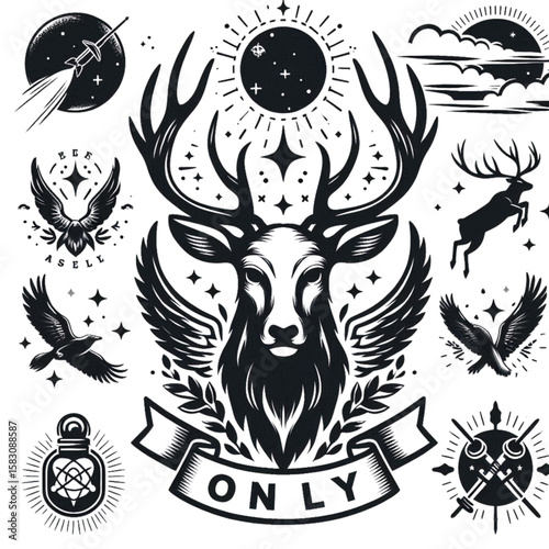 Set of vintage mystic and heraldic design elements with deer, eagle, rocket, and celestial symbols