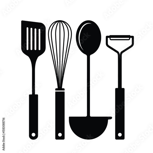 Black and white vector illustration of basic cooking tools including spatula, whisk, spoon, ladle, and peeler arranged in a clean layout
