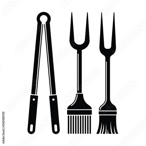 Black and white vector illustration of barbecue tool kit including tongs, grill brush, meat fork, and basting brush