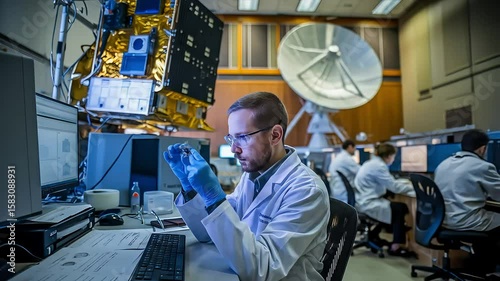 A focused engineer examines a precise component in a bustling high-tech laboratory, surrounded by advanced equipment, including a large satellite model and a communication dish