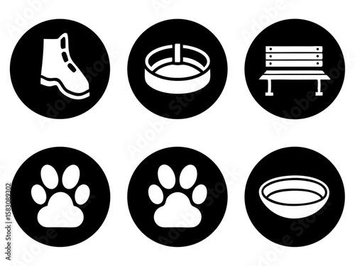 Dog park icons featuring a boot paw print bench water bowl and leash ring