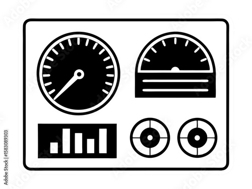 Stylized dashboard with gauges bar chart and circular indicators
