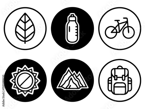 Outdoor activity icons featuring nature hydration cycling and adventure