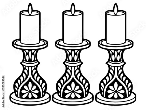 Three ornate candle holders with lit candles in a row