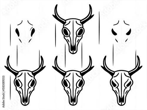 Six stylized black and white bull skulls on a vertical stripe background