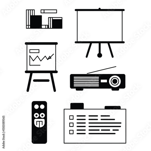 Black and white vector illustration of meeting items bundle with projector, presentation remote, flip chart, and whiteboard