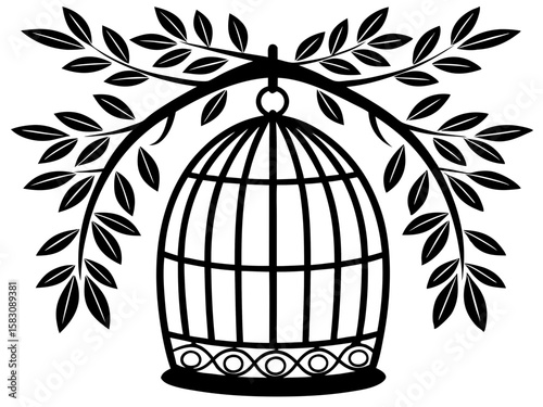 Elegant black silhouette of a birdcage hanging from a leafy branch