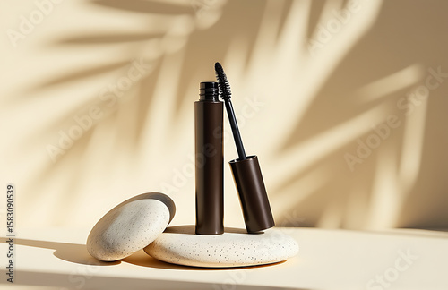 sleek minimalist mascara tube lies nestled within gentle curves light stone display partially shaded delicate palm leaf