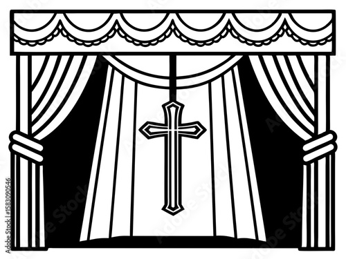 Christian cross revealed behind elegant draped curtains and scalloped valance