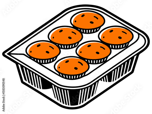 Six orange muffins in a white tray with black outline on a blue background