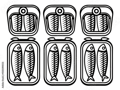 Stylized line art of six cans of fish on an white background