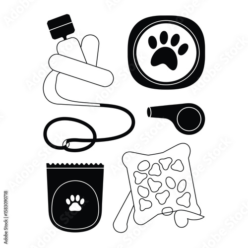Dog training set with clicker whistle treat pouch and training pad black and white vector illustration