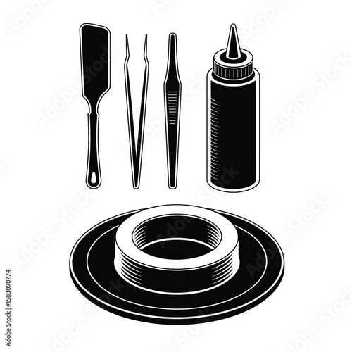 Food plating kit with ring mold tweezers squeeze bottle and palette knife black and white vector illustration