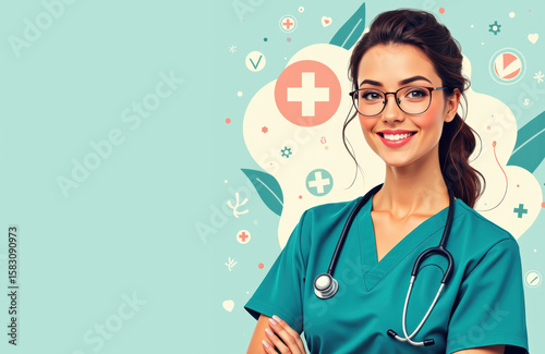 Female healthcare professional wearing scrubs and glasses smiling confidently against a medical background with icons