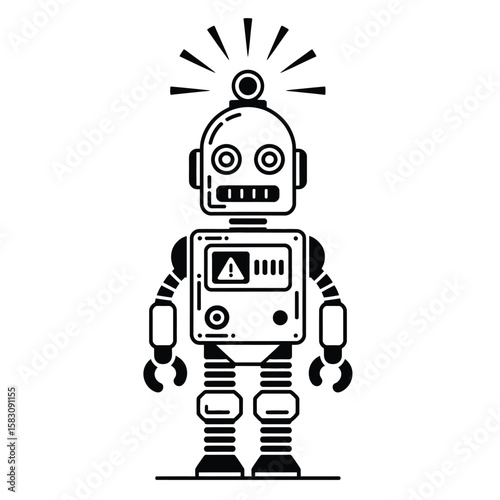 Robot with alarm light on head signaling danger warning in black and white vector safety and alert illustration