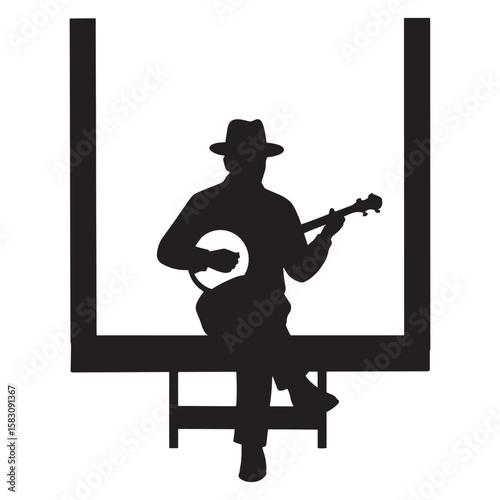 Silhouette of a musician playing banjo within a bold black frame against a white background