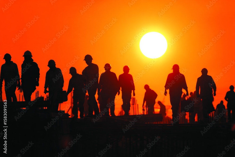 Fototapeta premium Transformative project: silhouettes at a bustling construction site. Economic forces. Shaping future growth: financial forecasting in construction amid rising costs. Building projects.