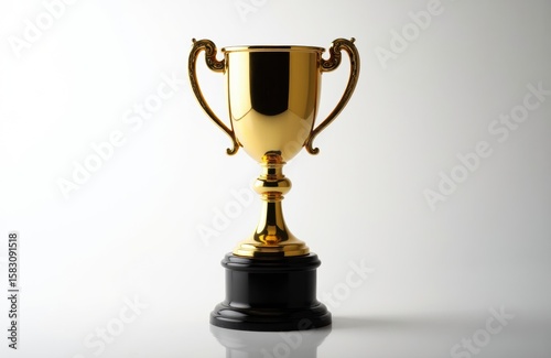 Golden trophy cup with handles on a black base isolated on a light background