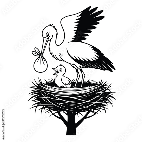 Stork with baby chick in nest black and white vector showing maternal care and protection