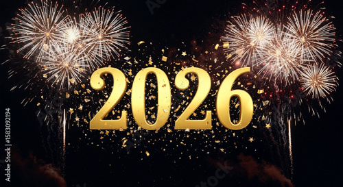 Celebration 2026: Radiant fireworks illuminate the night sky, accenting a gleaming golden inscription of the year, 2026, to herald a season of joy, anticipation, and celebratory spirit.