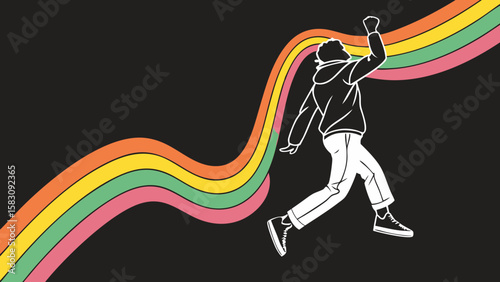 Abstract Celebration Figure in Motion with Vibrant, Flowing Streamers against a Dark Background