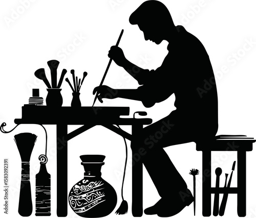 Silhouette of handcraft artist working isolated vector style on white background