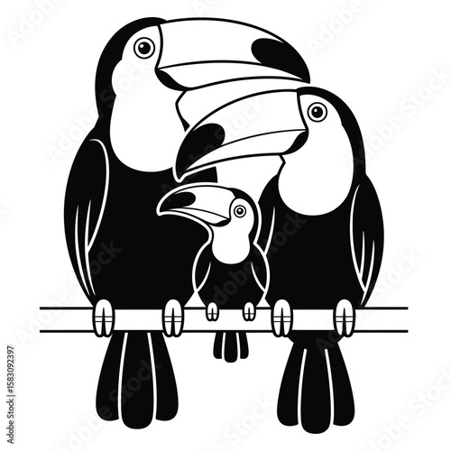 Toucan family with baby perched between parents black and white vector illustration