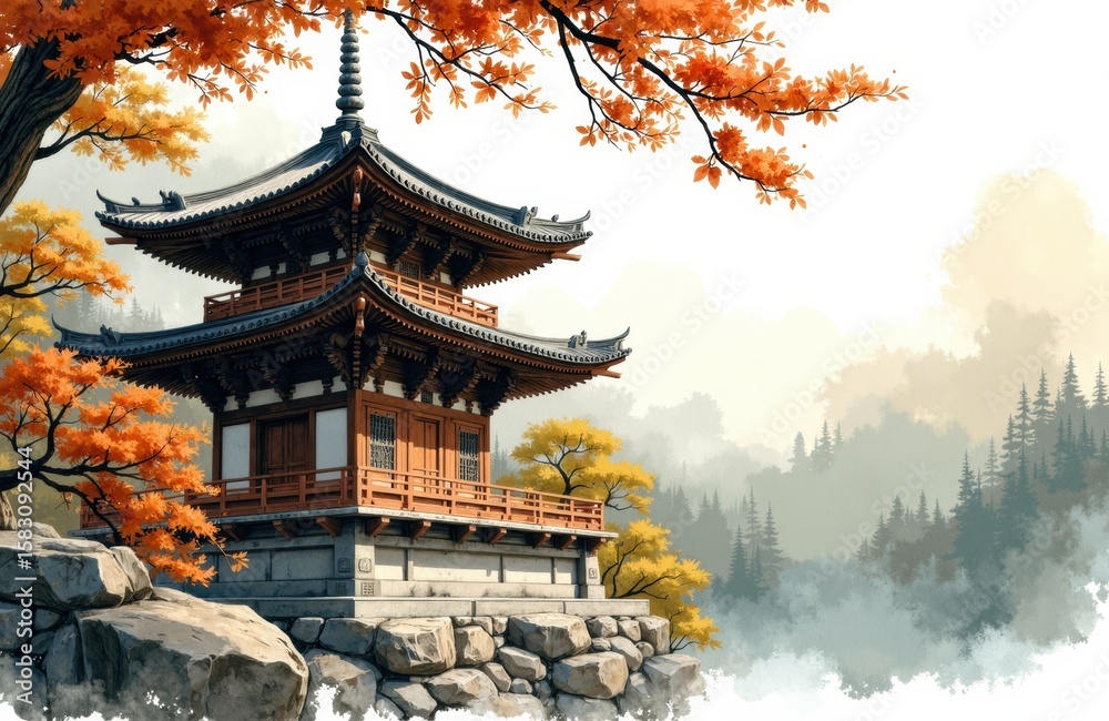 Obraz premium Traditional Japanese pagoda surrounded by colorful autumn leaves and misty forest landscape