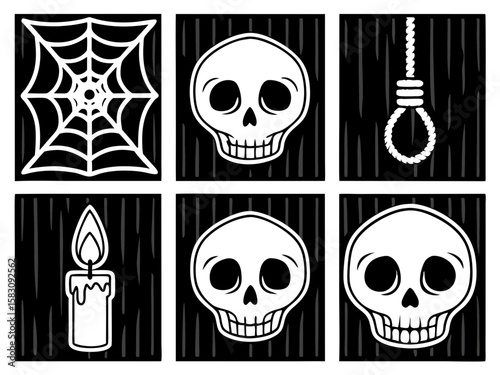 Spooky halloween icons featuring skulls spiderweb candle and noose