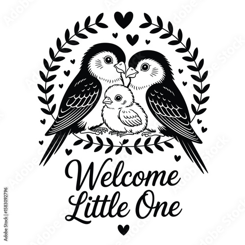 Welcome baby card with black and white lovebirds and chick in heartwarming vector design