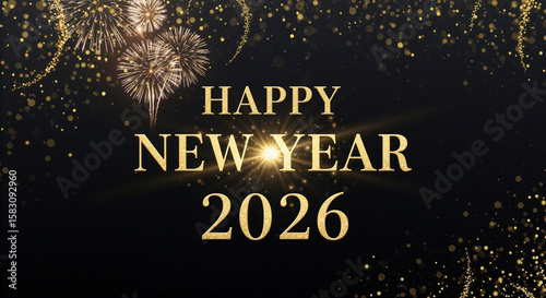 Happy New Year 2026: A sophisticated digital design for the new year, with festive fireworks and elegant gold elements against a dark, mysterious backdrop.