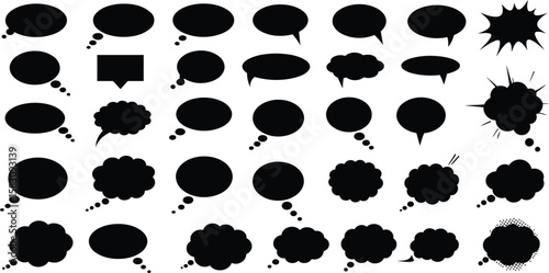 Black Speech Bubbles and Thought Bubbles Vector Silhouette Set: Communication, Dialogue, Chat, Idea, Message, Comic Book Elements Collection.