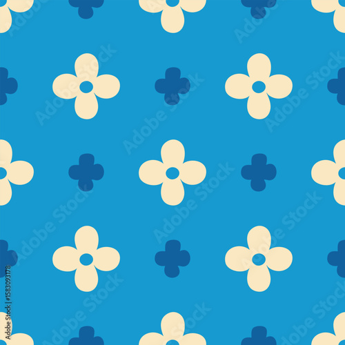 A blue and white floral pattern with blue and white flowers. Scene is calm and serene, with the blue