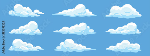 Set of 9 fluffy white cartoon clouds, soft texture with gentle shading, arranged in 3x3 grid on bright blue background, playful and cheerful sky illustration.