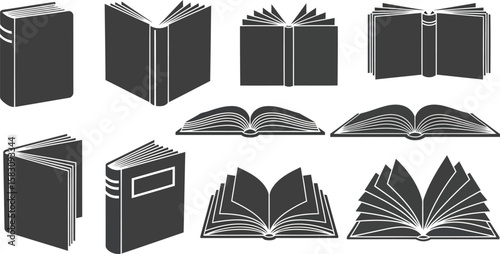 Books Silhouette Vector Icon Set: Reading, Education, Knowledge, Learning, Literature, Publishing, Library, Study Symbols Collection.