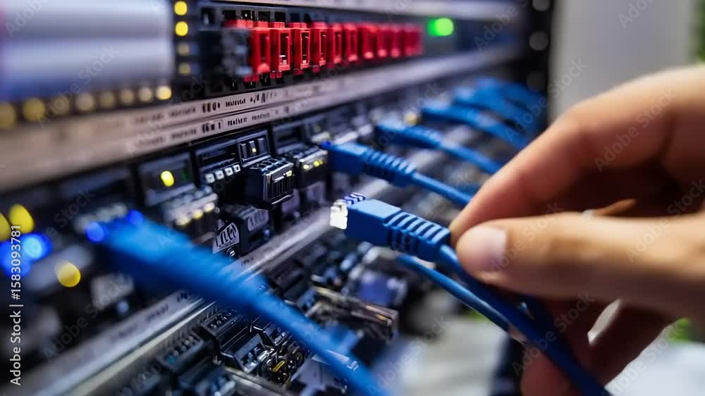 Hand connecting network cables to server rack. Hand connecting network cables to server rack.